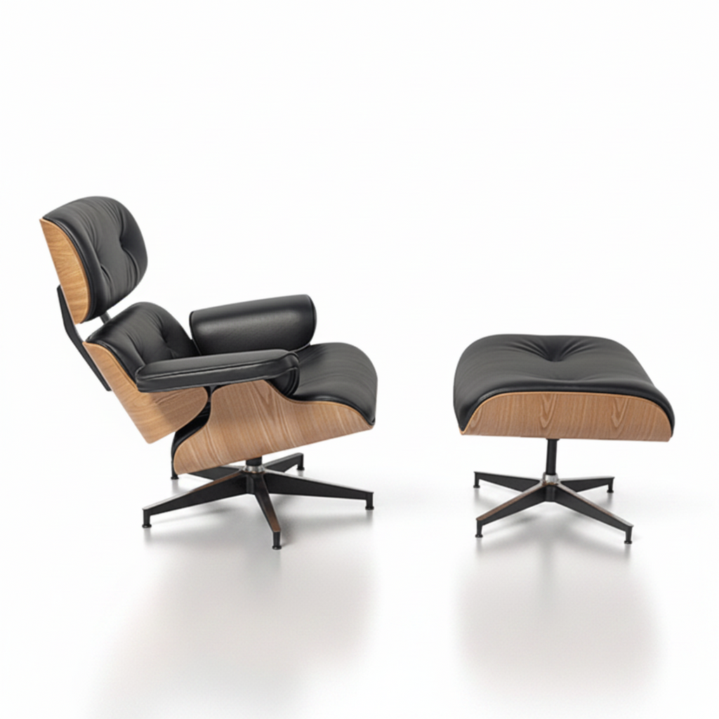 A modern lounge chair with a matching ottoman, featuring black leather upholstery
