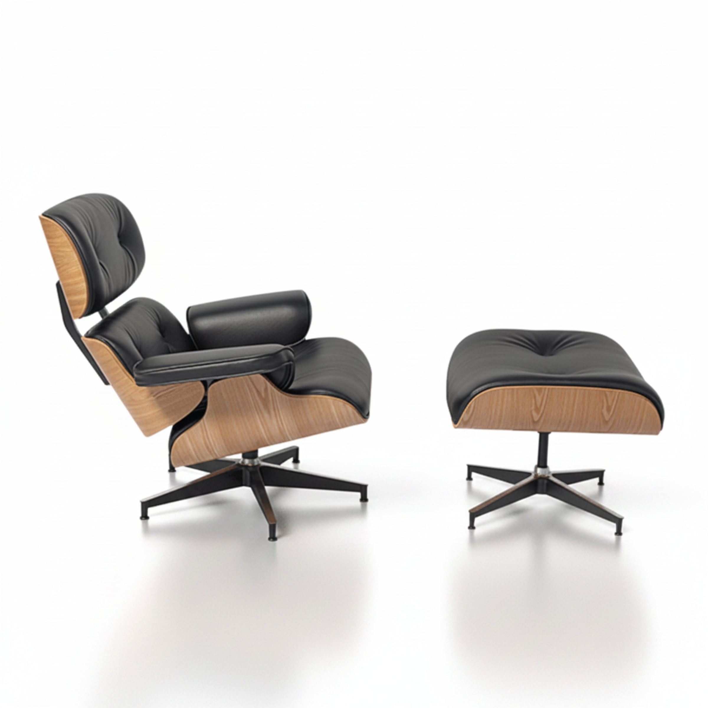 A modern lounge chair with a matching ottoman, featuring black leather upholstery