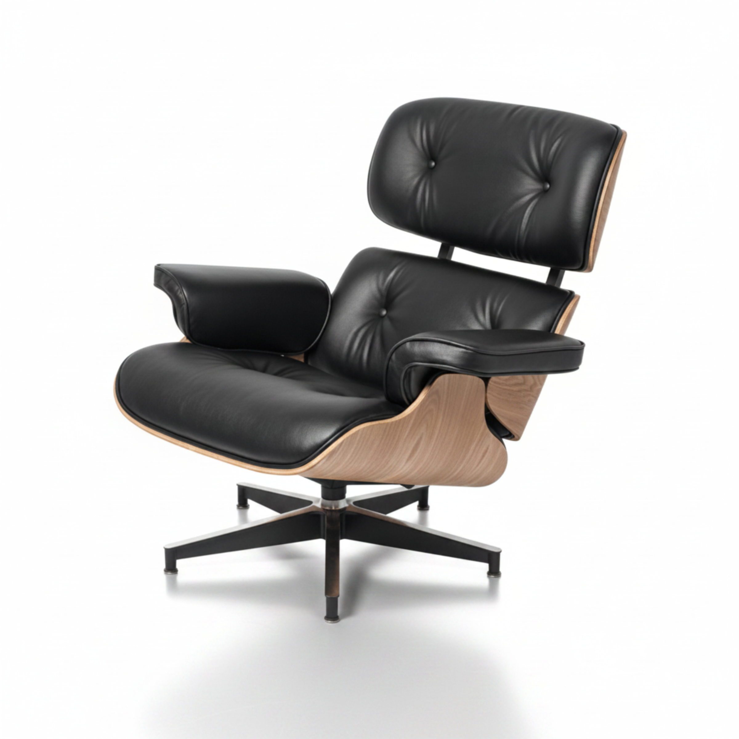A classic Eames-style lounge chair with black leather upholstery, natural wood shell, and a black five-star base, shown on a light gray gradient background.