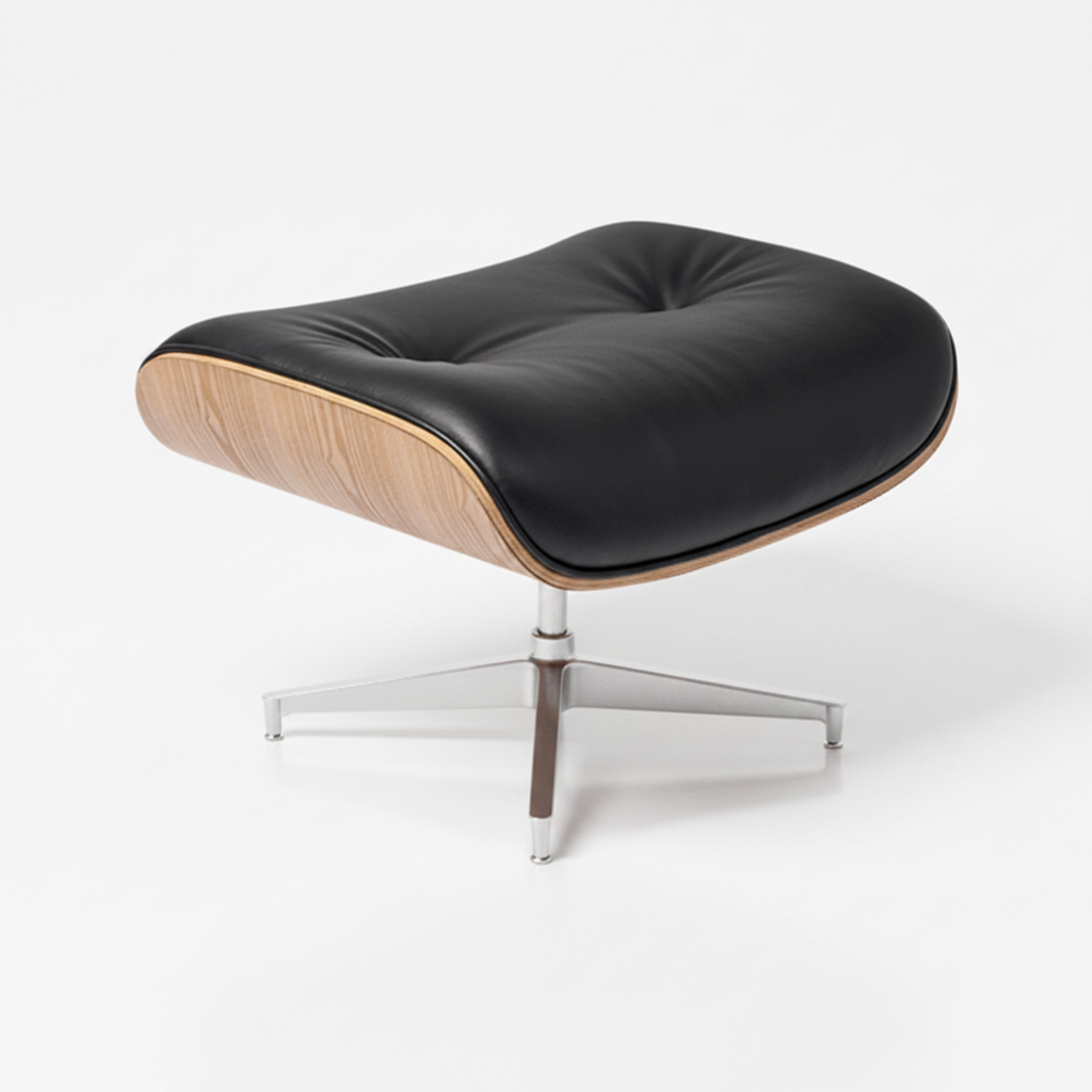 A modern lounge ottoman chair with a black leather cushion, a curved light wood side shell, and a black metal swivel base, shown on a light gray gradient background.
