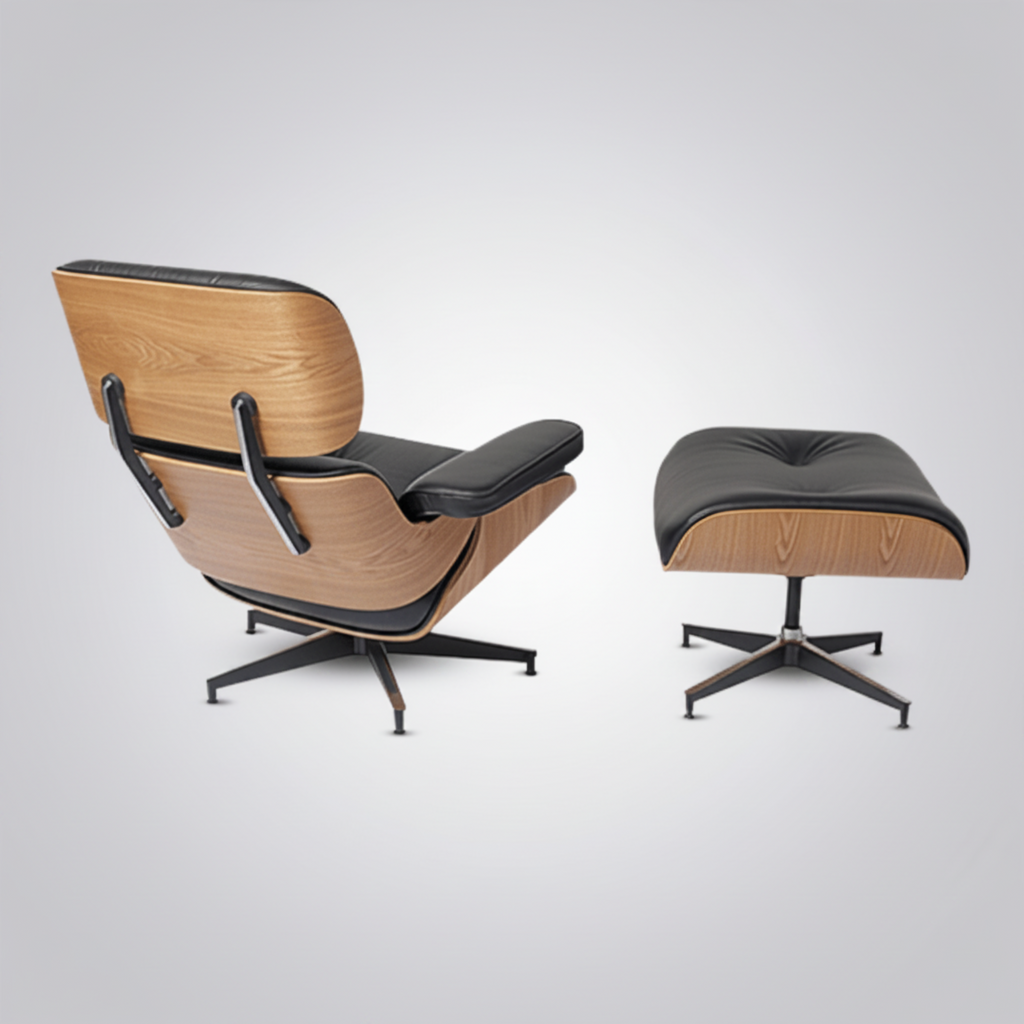 An Eames-style lounge chair with a matching ottoman, shown on a light gray studio background. 