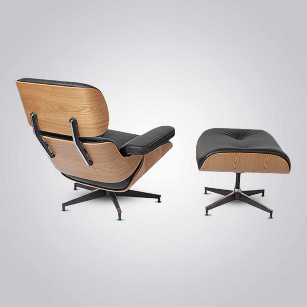An Eames-style lounge chair with a matching ottoman, shown on a light gray studio background. 
