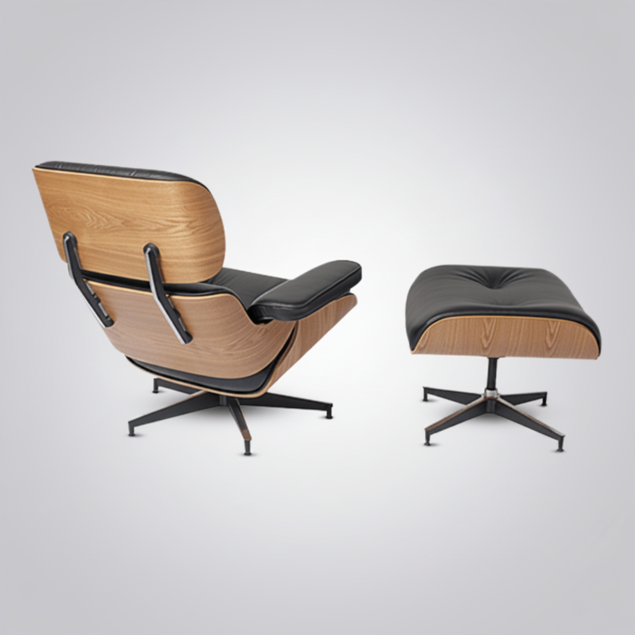 An Eames-style lounge chair with a matching ottoman, shown on a light gray studio background. 