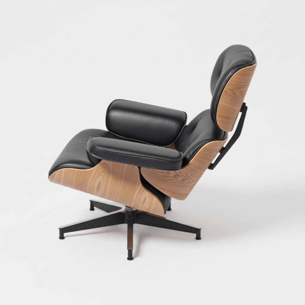A modern lounge chair with black leather upholstery and light natural wood side panels