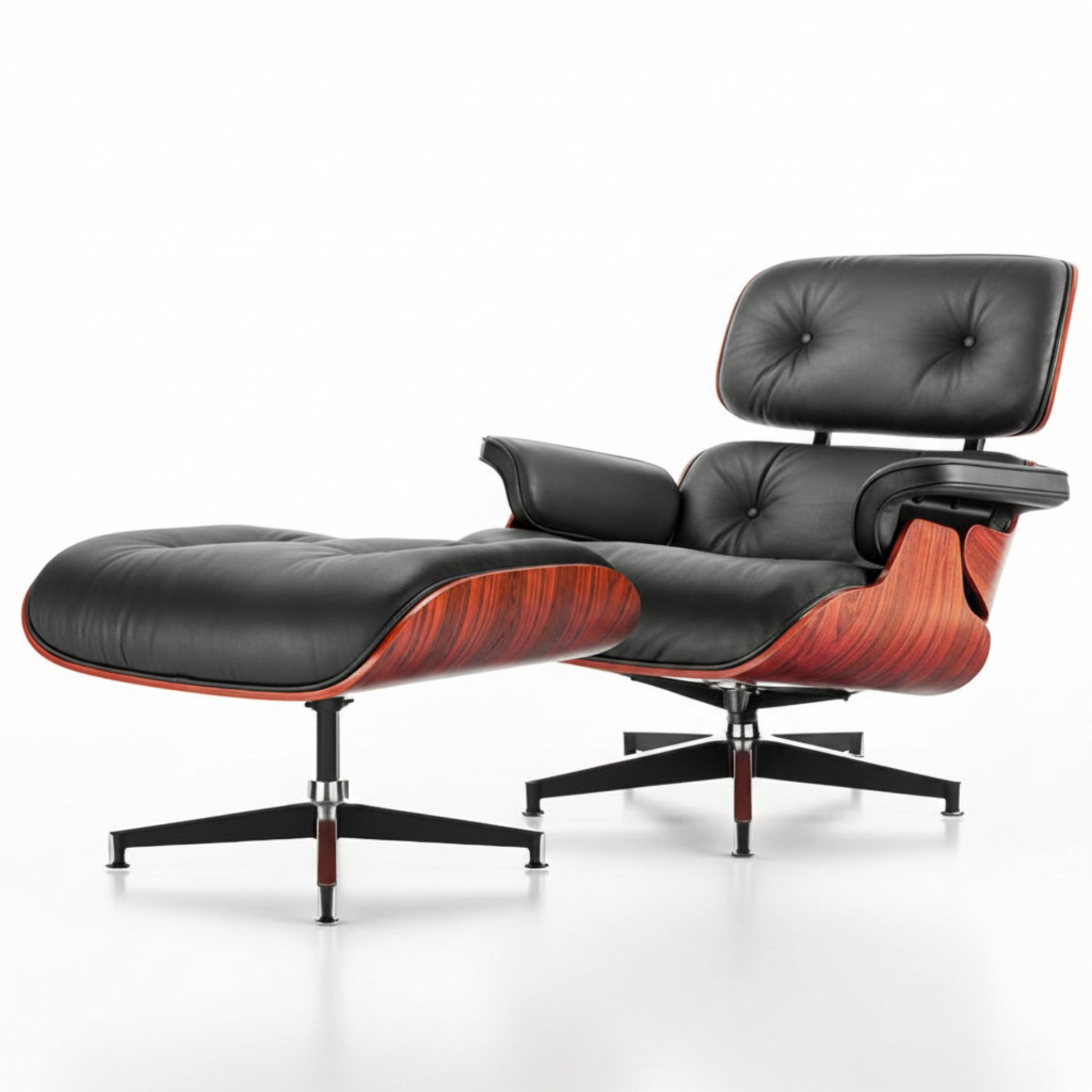 A classic Eames-style lounge chair with matching ottoman in black leather and reddish-brown wood veneer