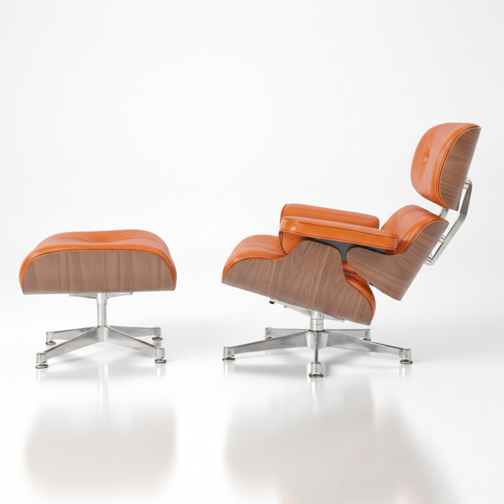 A modern lounge chair with an adjustable headrest and matching ottoman, featuring orange leather upholstery 