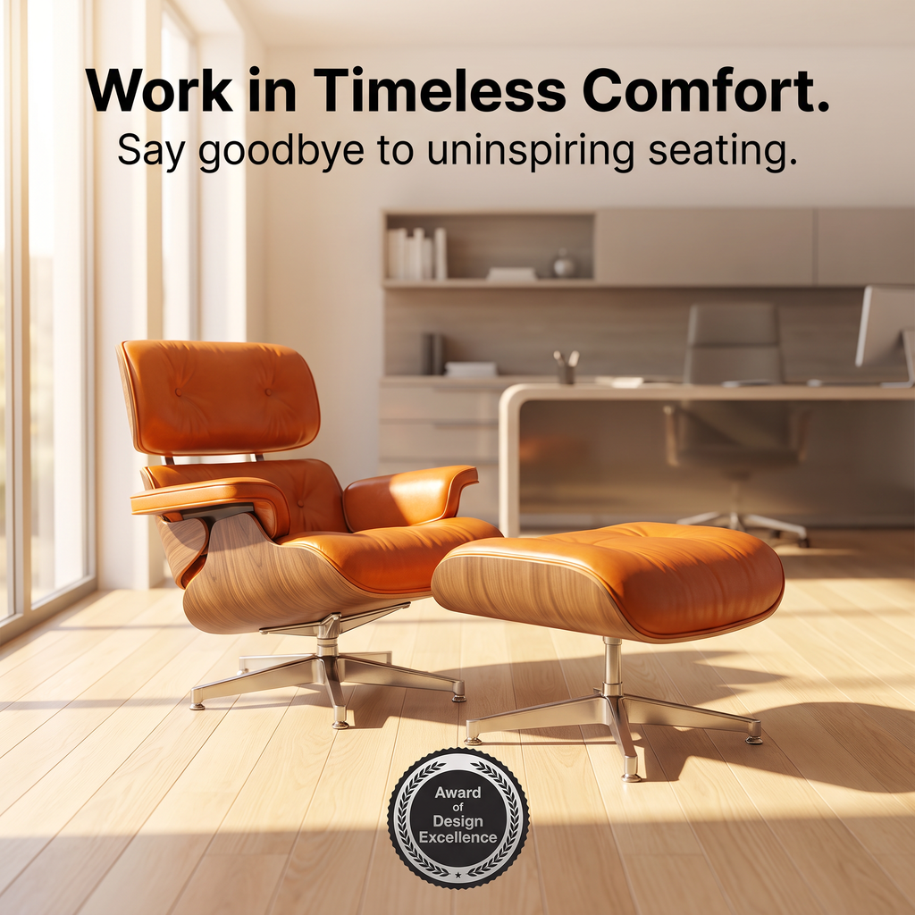 A modern lounge chair with matching ottoman in warm orange-brown leather and light wood, shown in a bright office interior