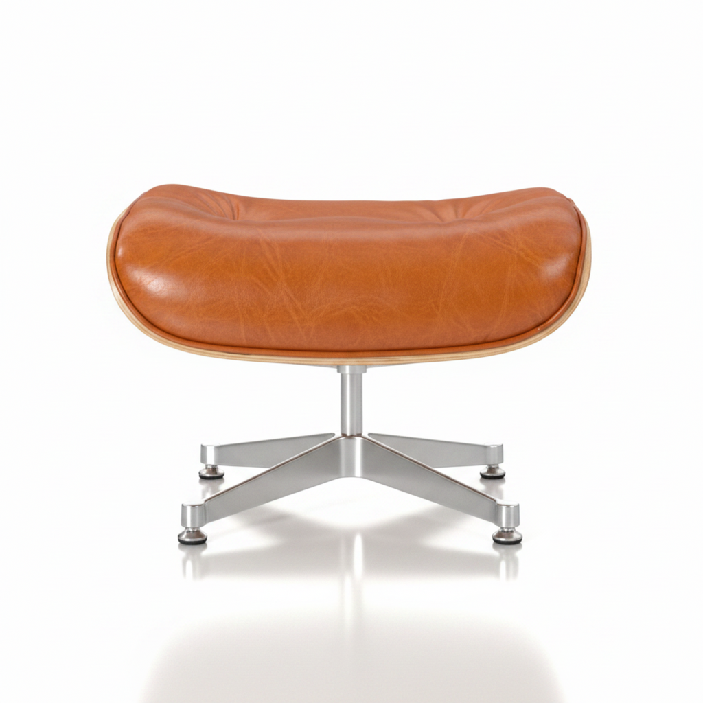 An orange leather lounge chair ottoman with a curved cushioned seat and a chrome five-star base, shown against a neutral gray background.