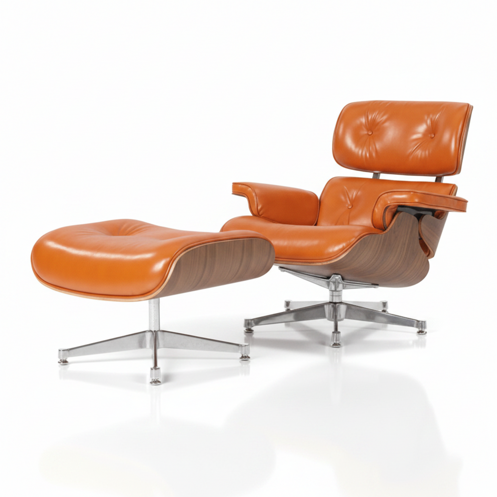 An orange leather lounge chair with a matching ottoman and chrome swivel base, photographed on a clean white studio background.
