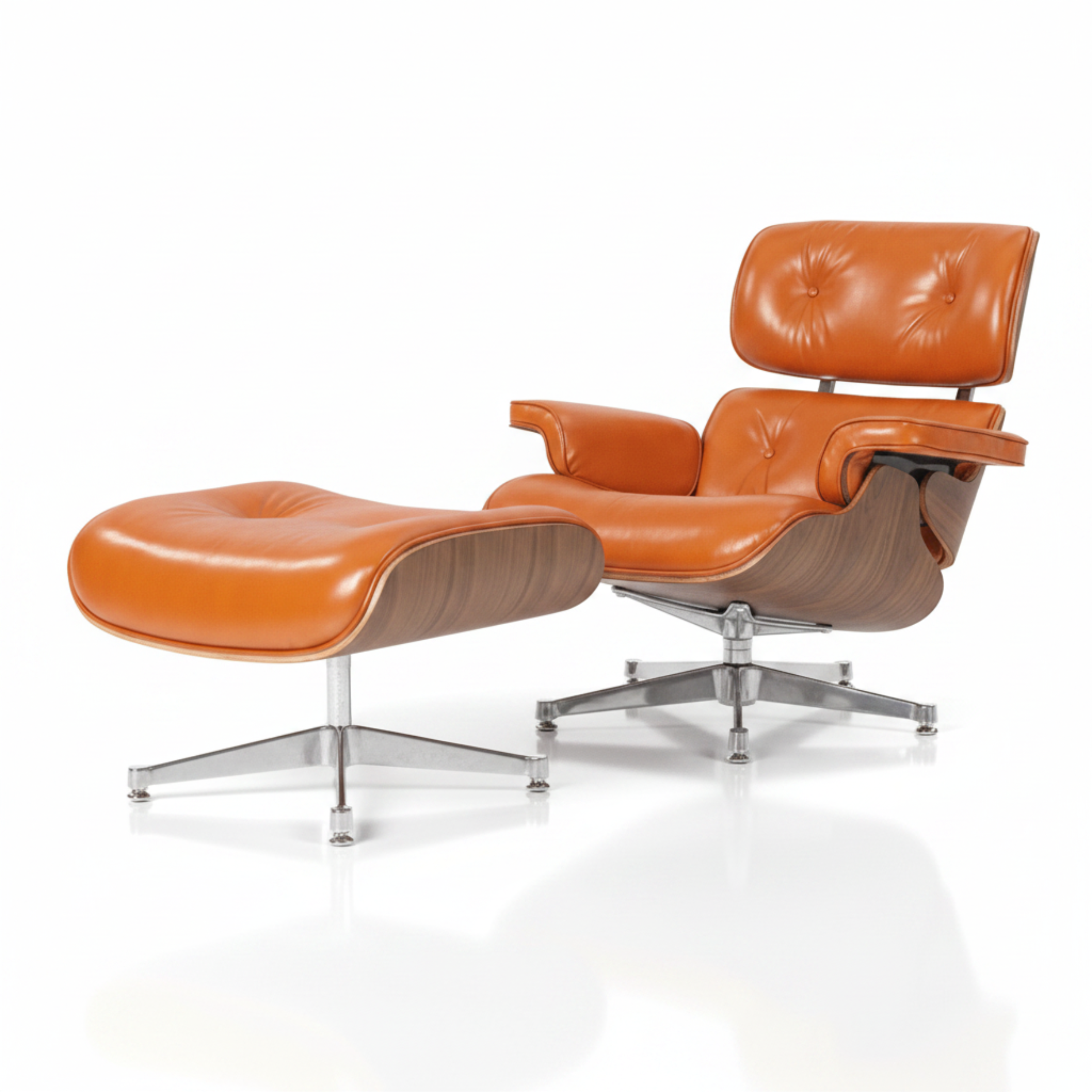An orange leather lounge chair with a matching ottoman and chrome swivel base, photographed on a clean white studio background.