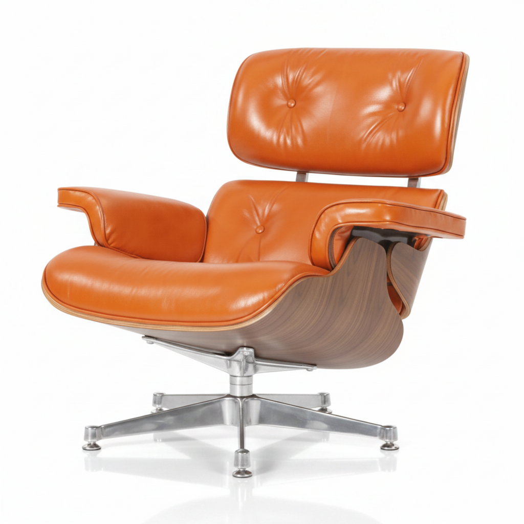 An orange leather lounge chair with a tufted backrest, curved wooden shell, and a chrome five-star base, shown on a white background.