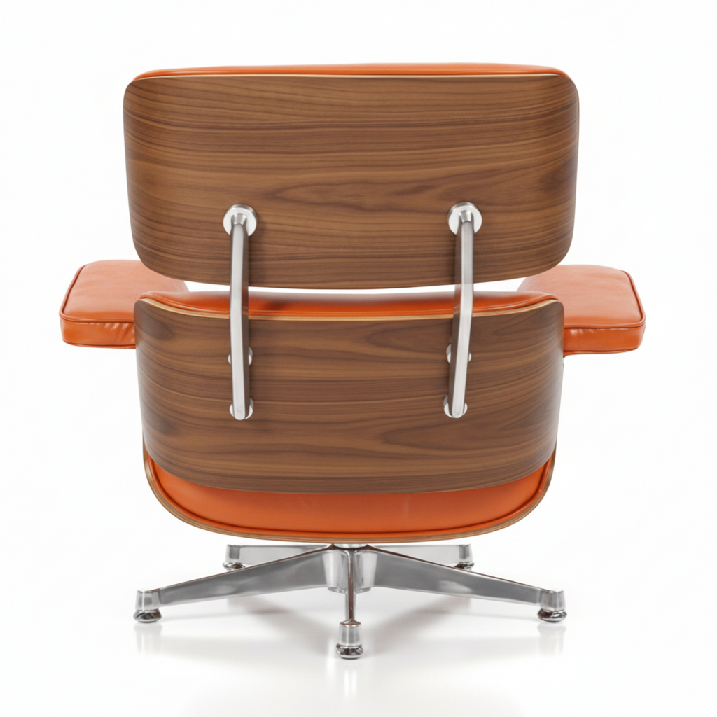 A mid-century modern lounge chair with a curved wooden shell, bright orange leather cushions, and a chrome five-star base