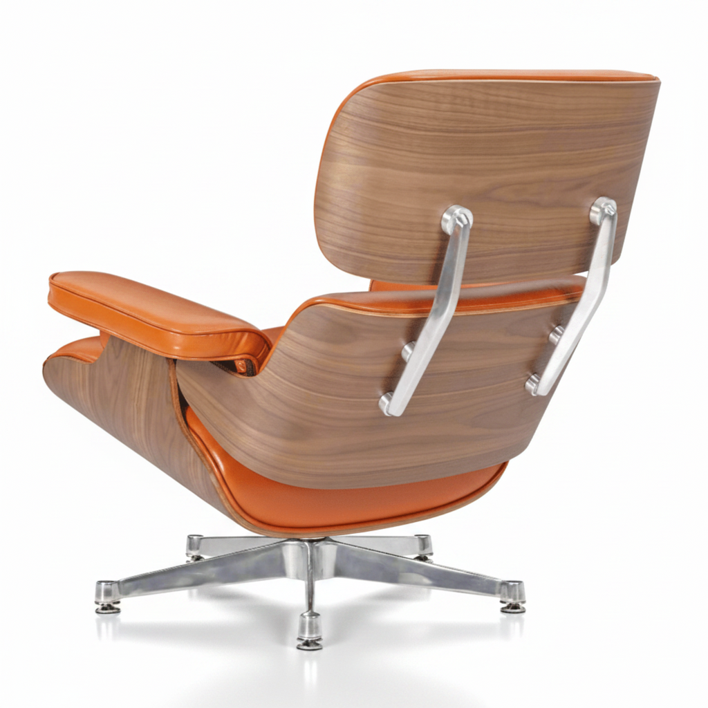 A mid-century modern lounge chair with a curved wooden shell, orange leather cushions, and a chrome five-star base