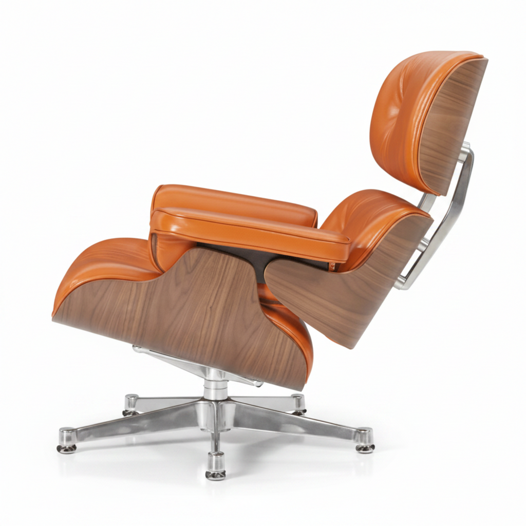 A modern lounge chair with orange-brown leather upholstery and a dark wood grain shell, supported by a chrome five-star base, shown on a white background.