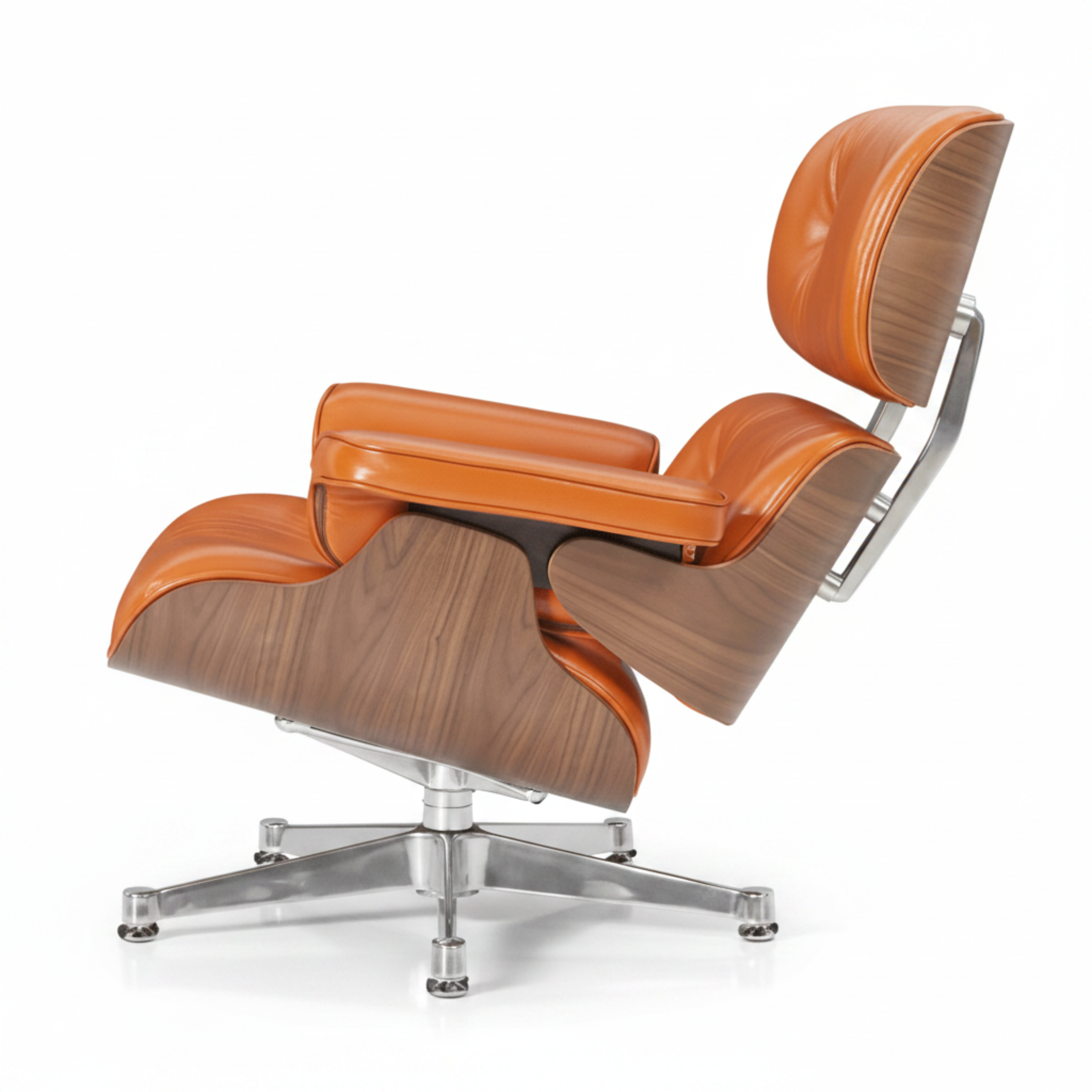 A modern lounge chair with orange-brown leather upholstery and a dark wood grain shell, supported by a chrome five-star base, shown on a white background.
