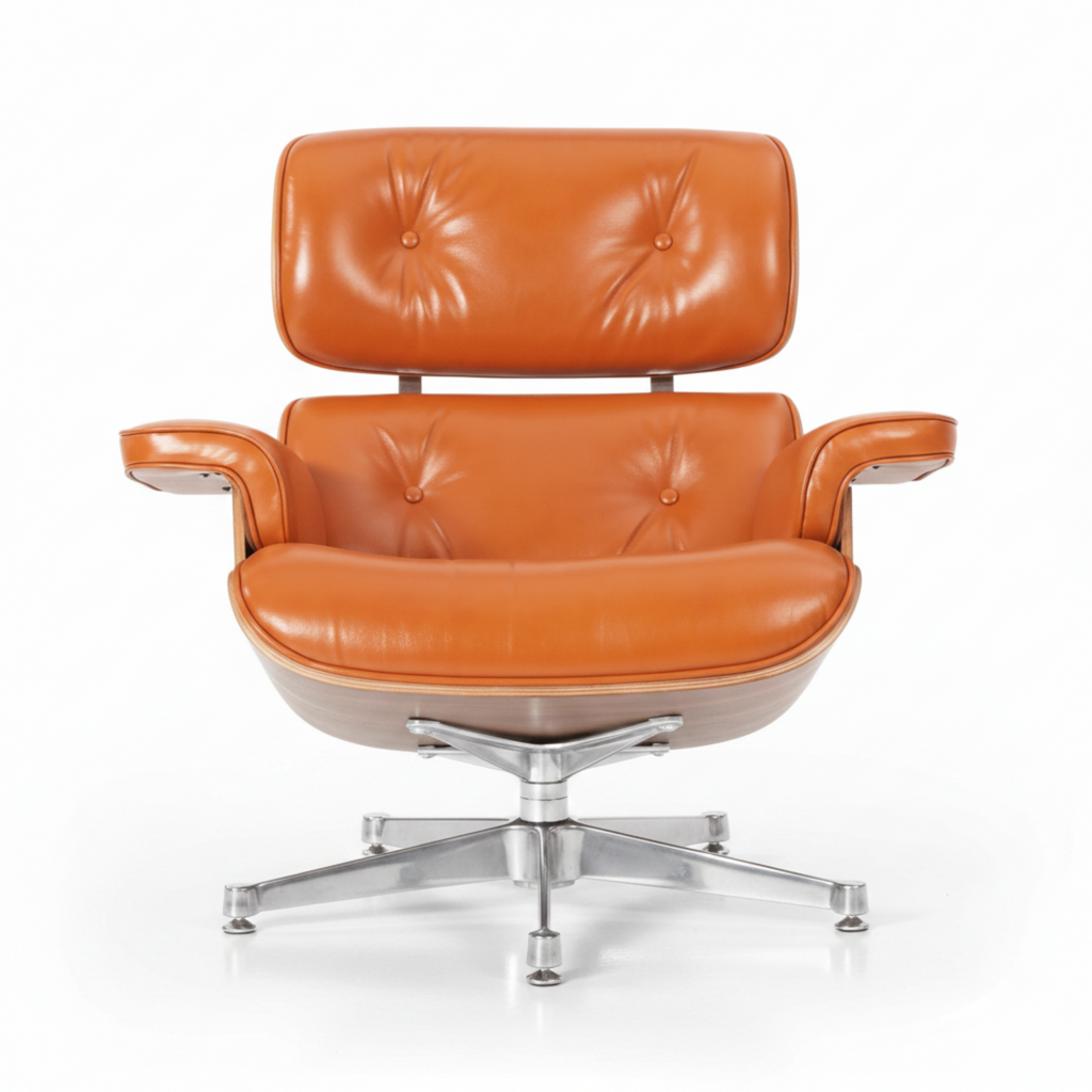 An orange leather lounge chair with a tufted backrest and armrests, mounted on a chrome five-star base, shown against a plain white background.