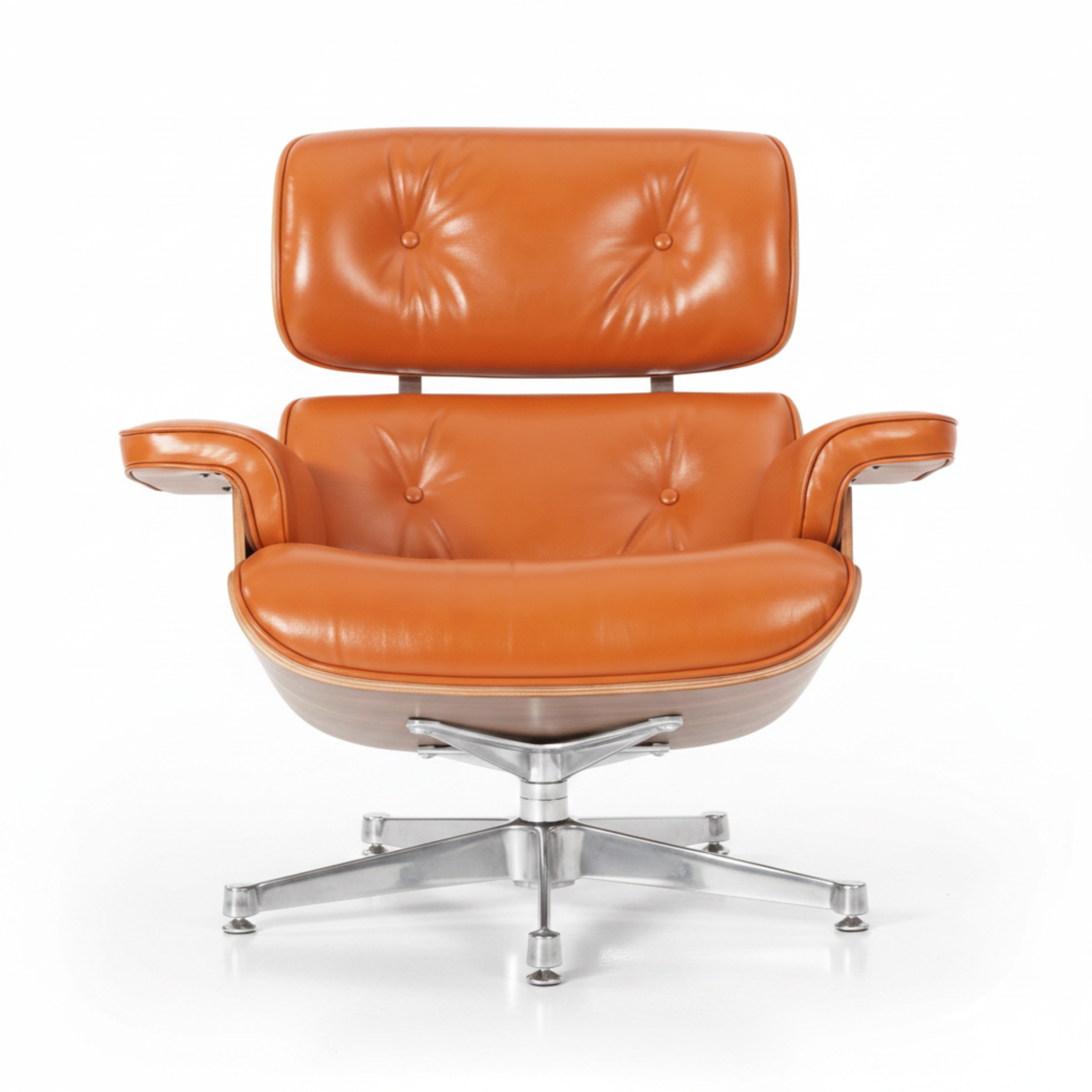 An orange leather lounge chair with a tufted backrest and armrests, mounted on a chrome five-star base, shown against a plain white background.