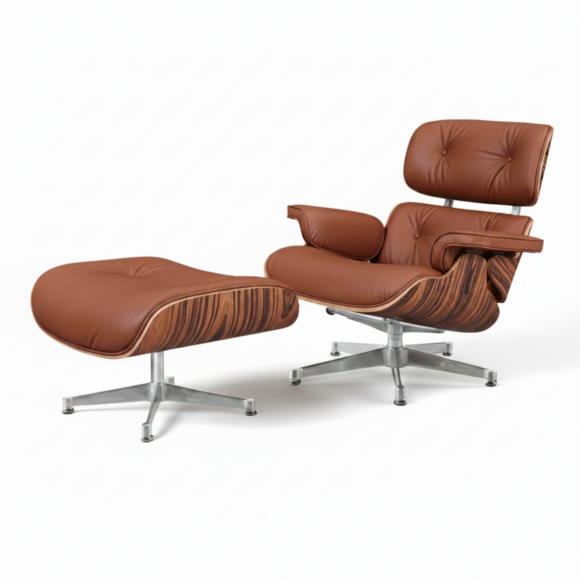 A mid-century modern lounge chair with matching ottoman on a white background. The chair and ottoman feature