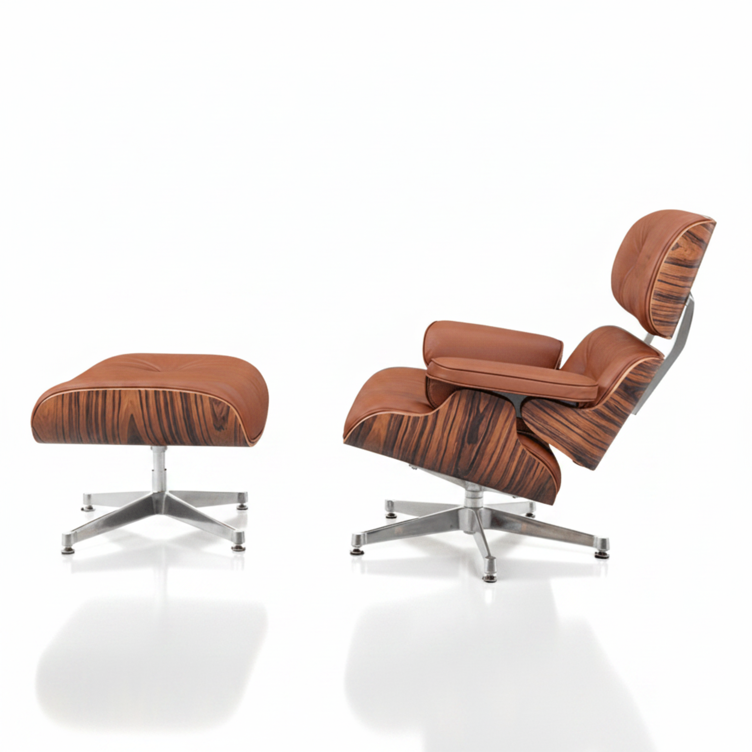 A mid-century modern lounge chair with an ottoman, featuring brown leather upholstery and a dark wood grain