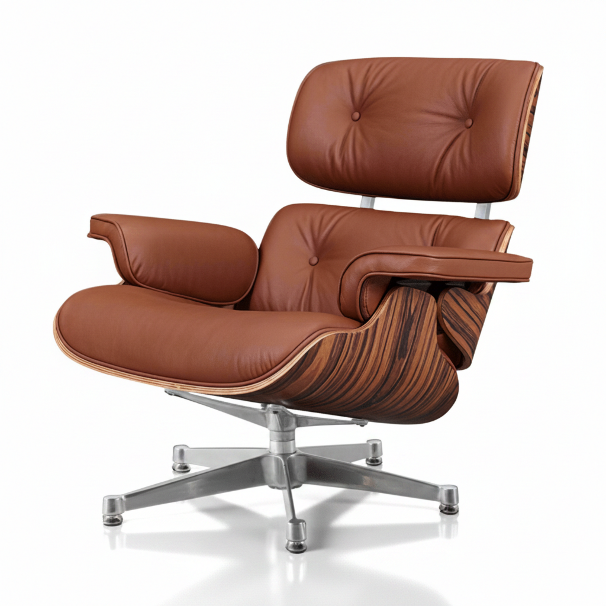 A classic Eames-style lounge chair in brown leather with a curved wooden shell and a chrome five-star base