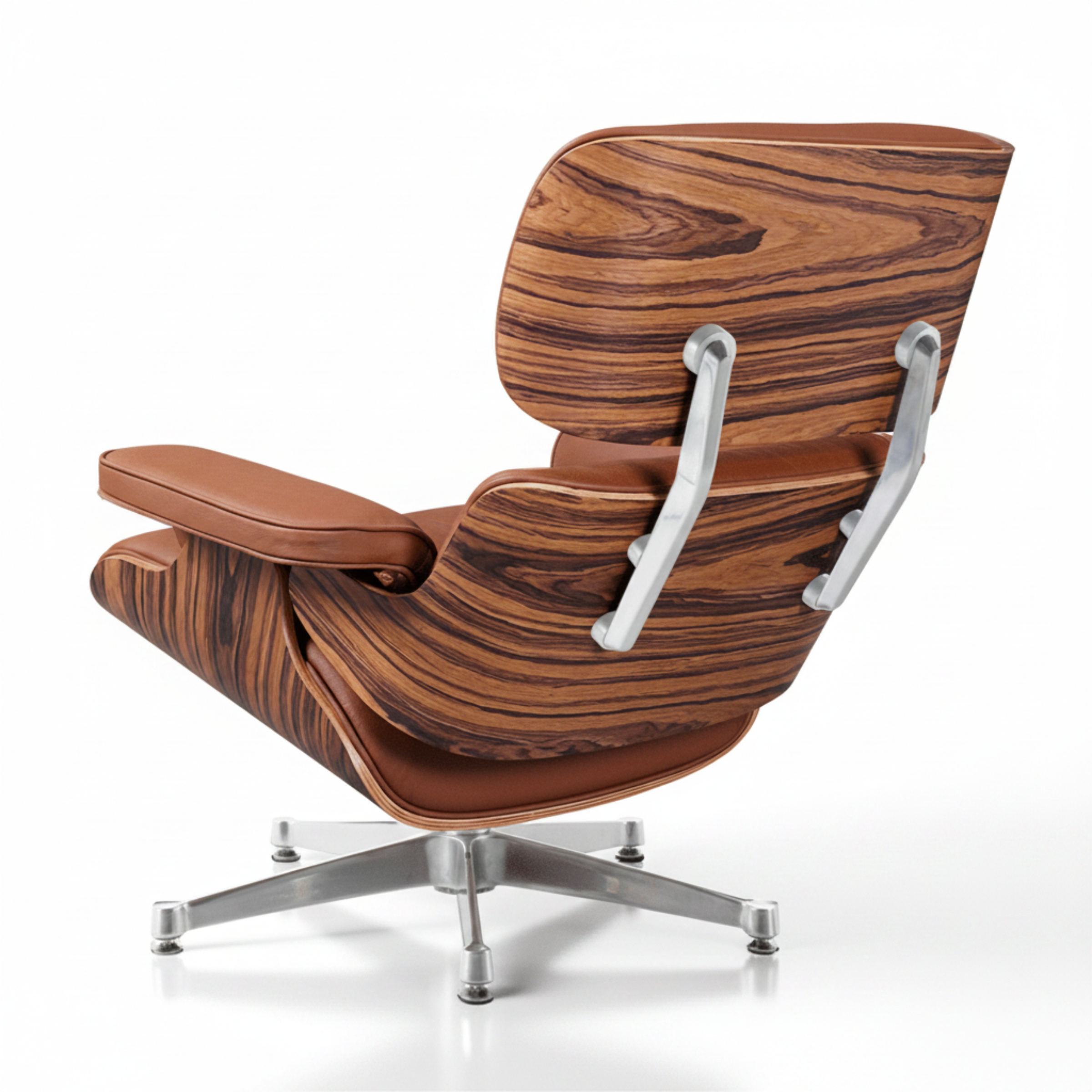 A modern lounge chair with a brown wood-grain patterned shell, brown leather cushions