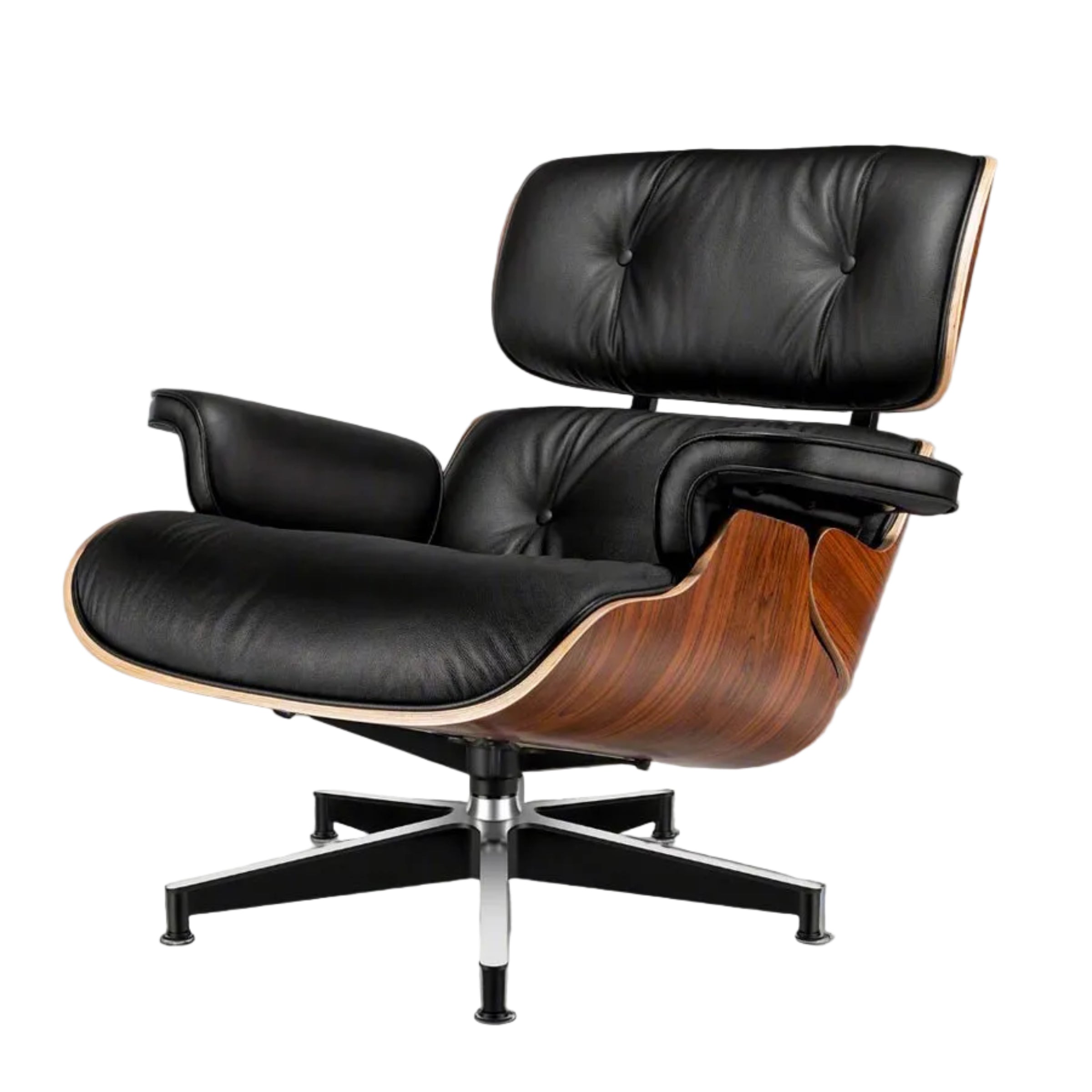 Black leather lounge chair with wooden armrests on a white background