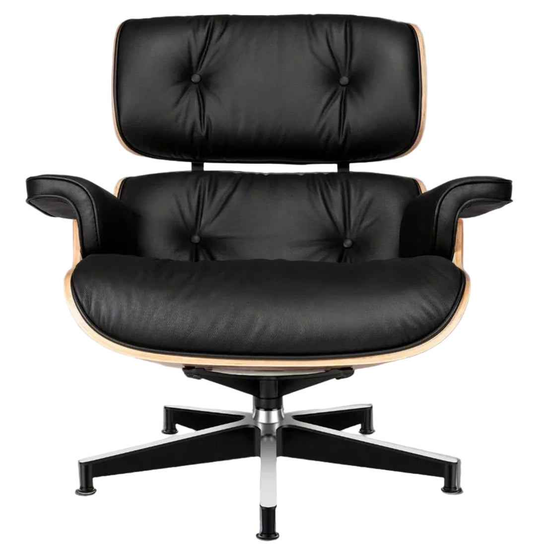 Black leather lounge chair and ottoman with wooden accents on a white background