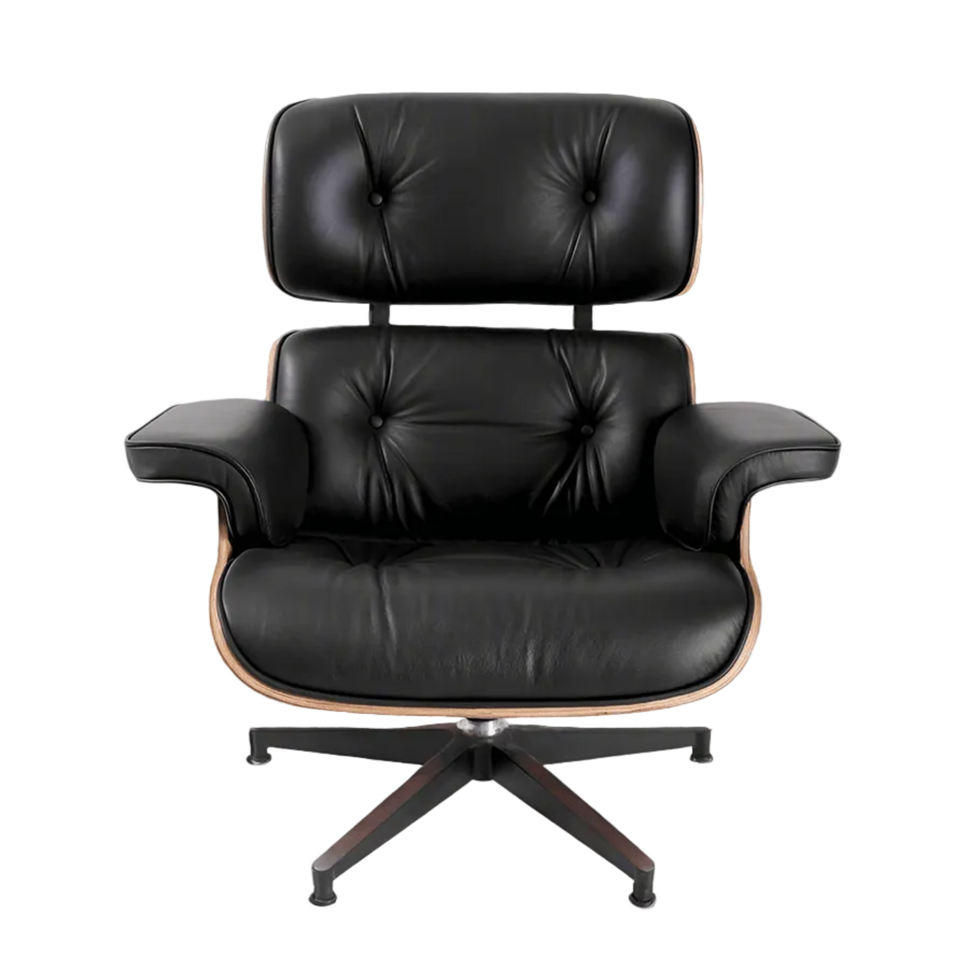 Black leather lounge chair with wooden base on a white background