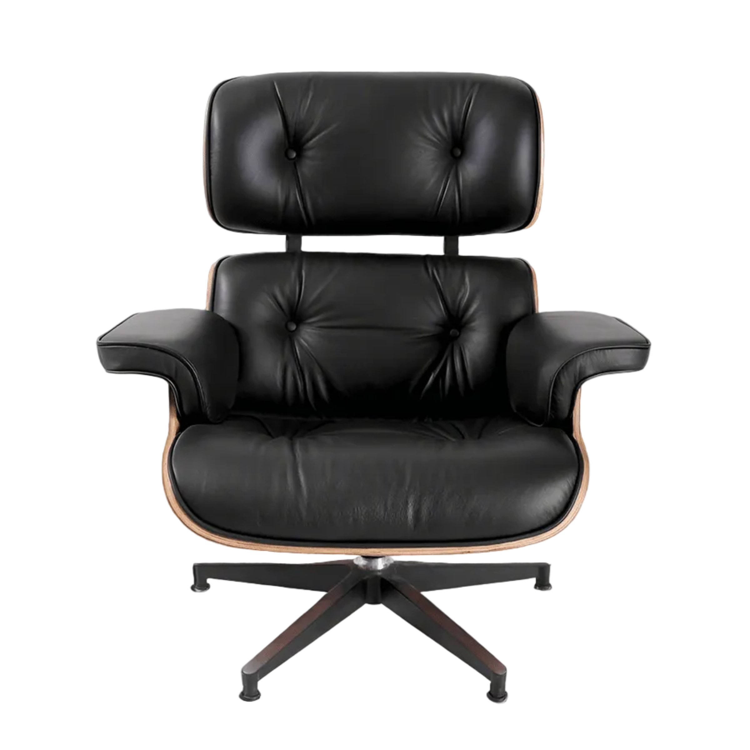 Black leather lounge chair with wooden base on a white background