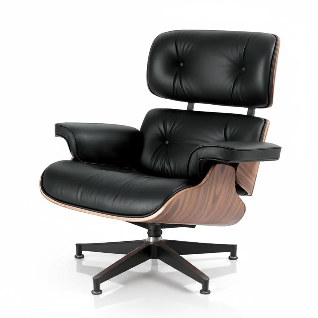 Black leather lounge chair with wooden armrests on a white background