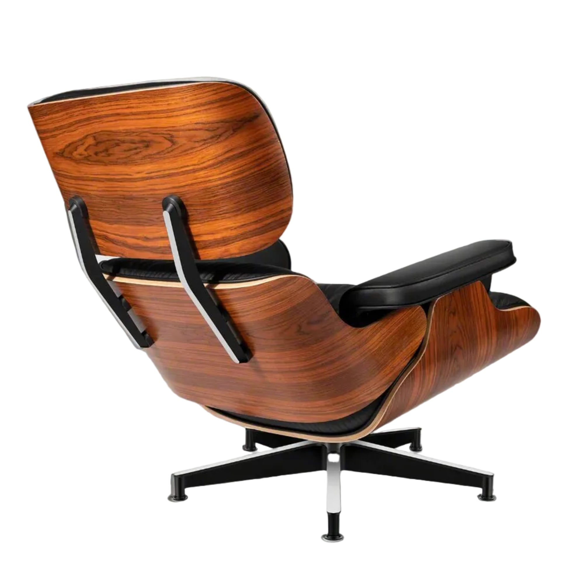 Wooden lounge chair with black accents on a white background