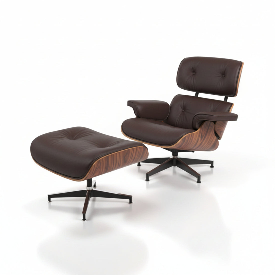 A classic Eames-style lounge chair with matching ottoman in dark brown leather and wood veneer