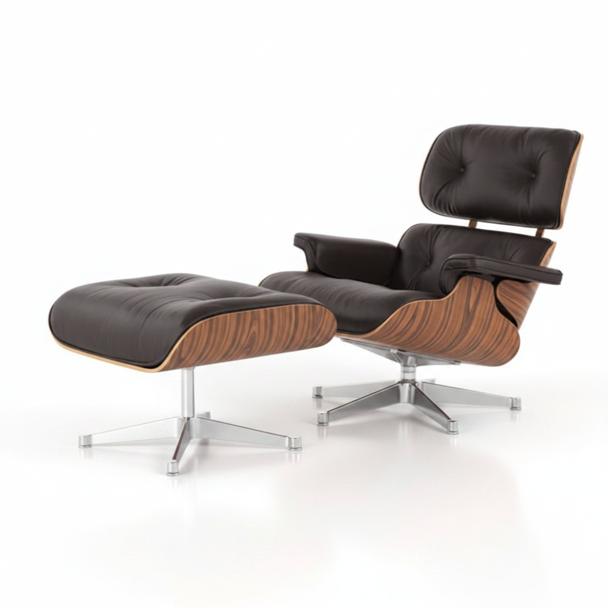 A modern lounge chair with matching ottoman in black leather and brown wood grain, on a white background.