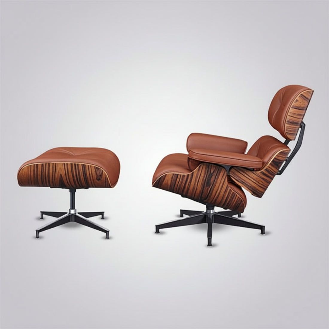 A classic Eames-style lounge chair with matching ottoman in brown leather and striped wood veneer