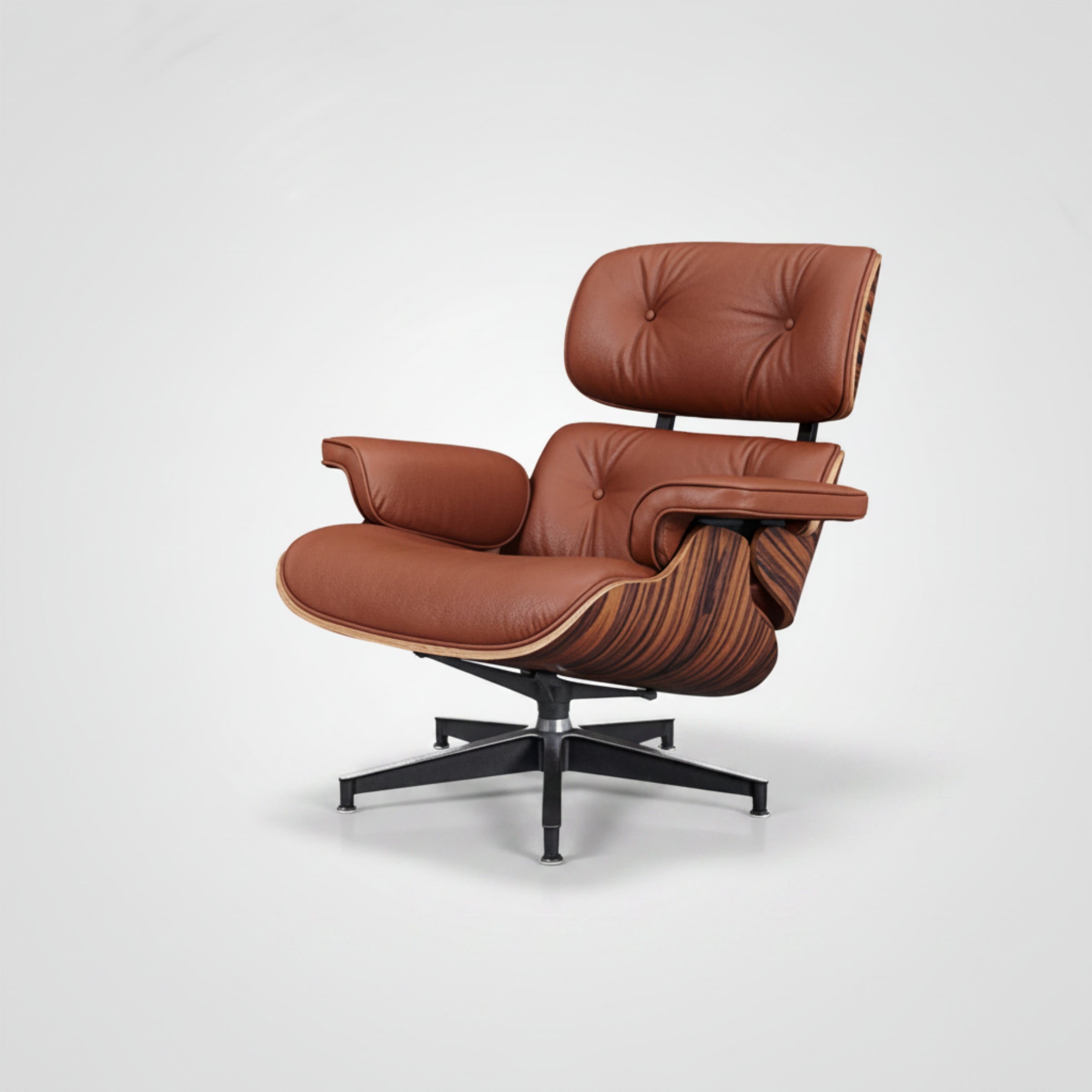 A mid-century modern lounge chair with brown leather upholstery, a striped wood veneer side panel