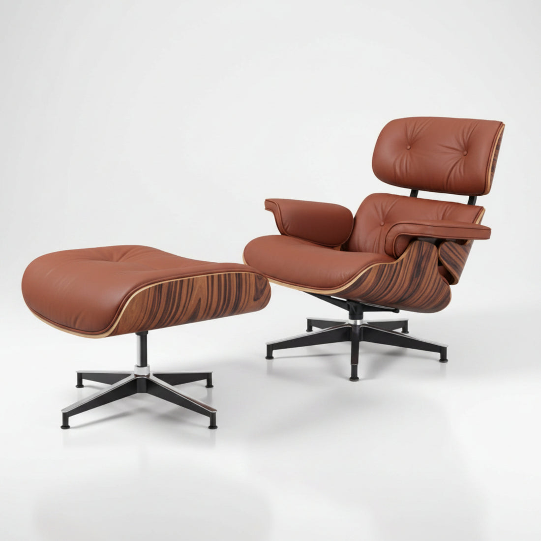 A classic Eames-style lounge chair with matching ottoman in brown leather and striped wood veneer