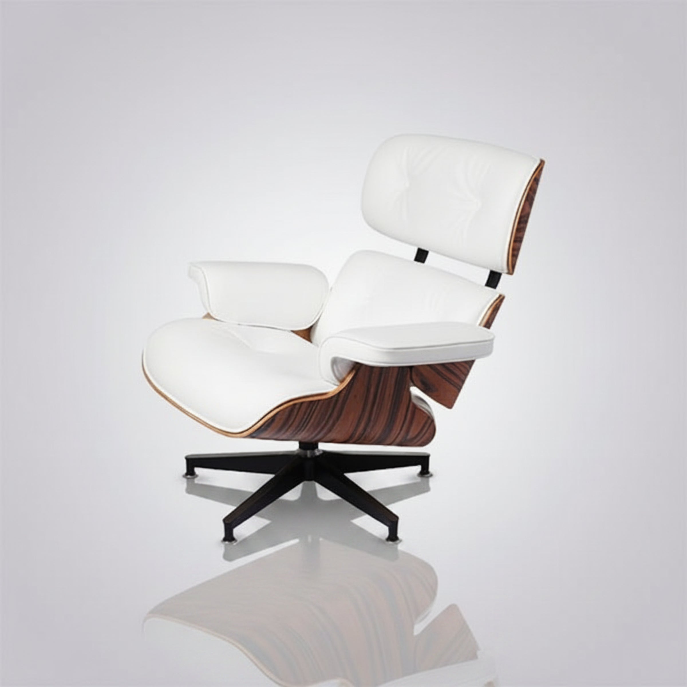A modern lounge chair with white leather upholstery and a dark brown wood-grain side frame