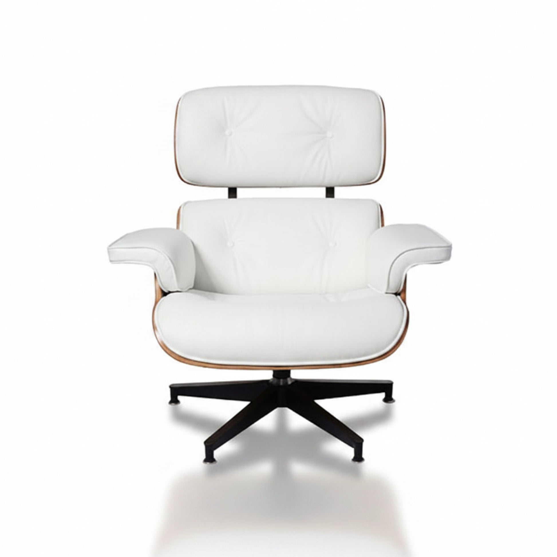 A modern white leather lounge chair with a tufted backrest, wooden armrests