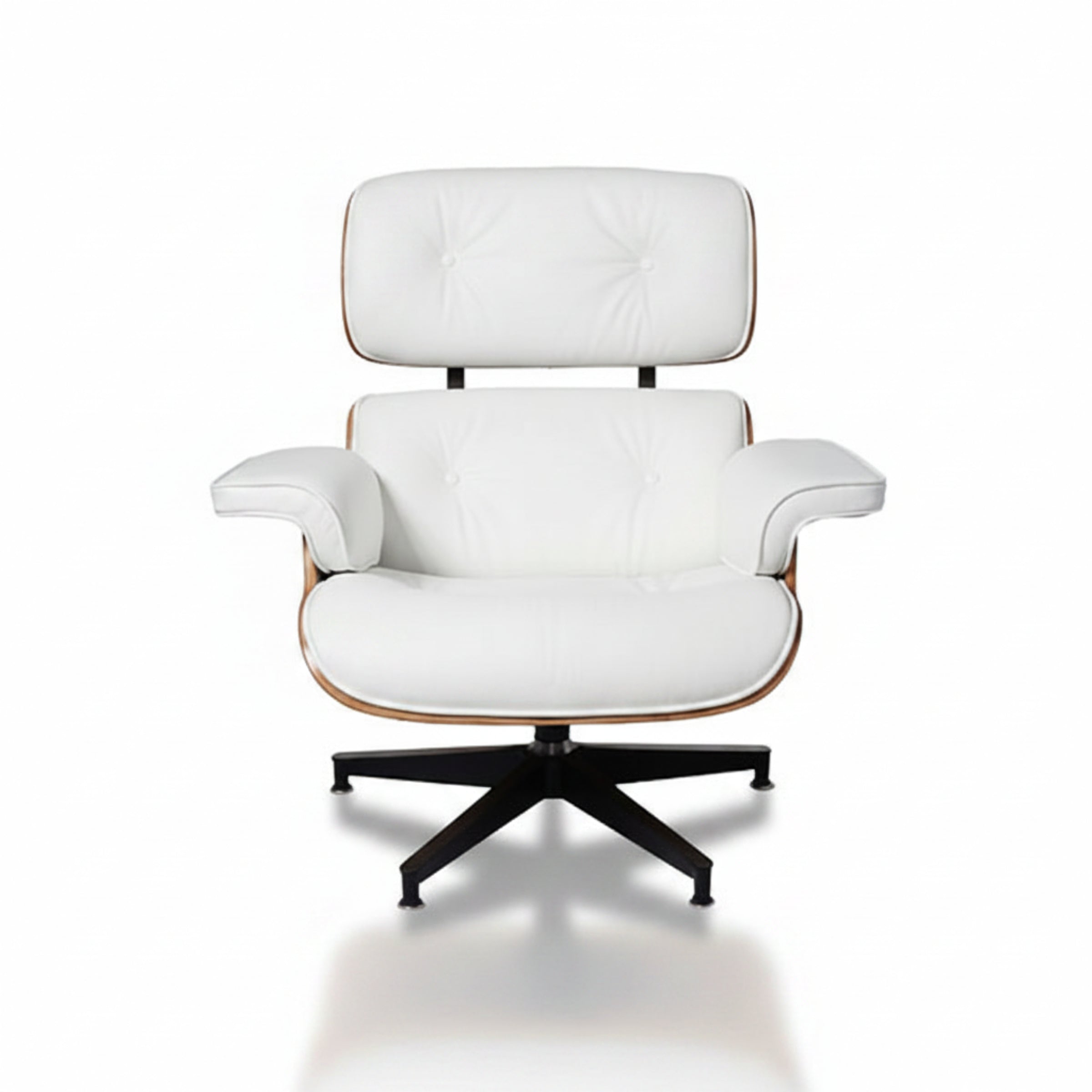 A modern white leather lounge chair with a tufted backrest, wooden armrests