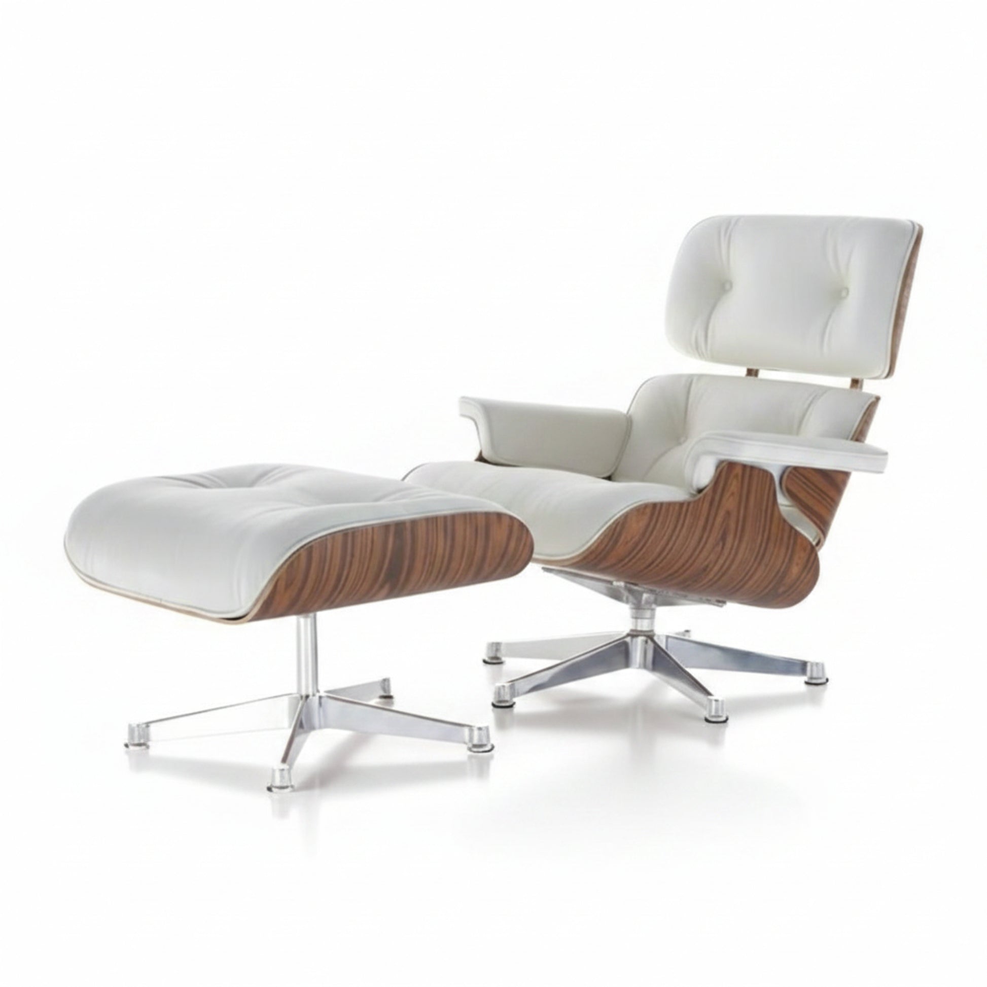 A modern lounge chair with matching ottoman on a white background. The chair features white leather upholstery