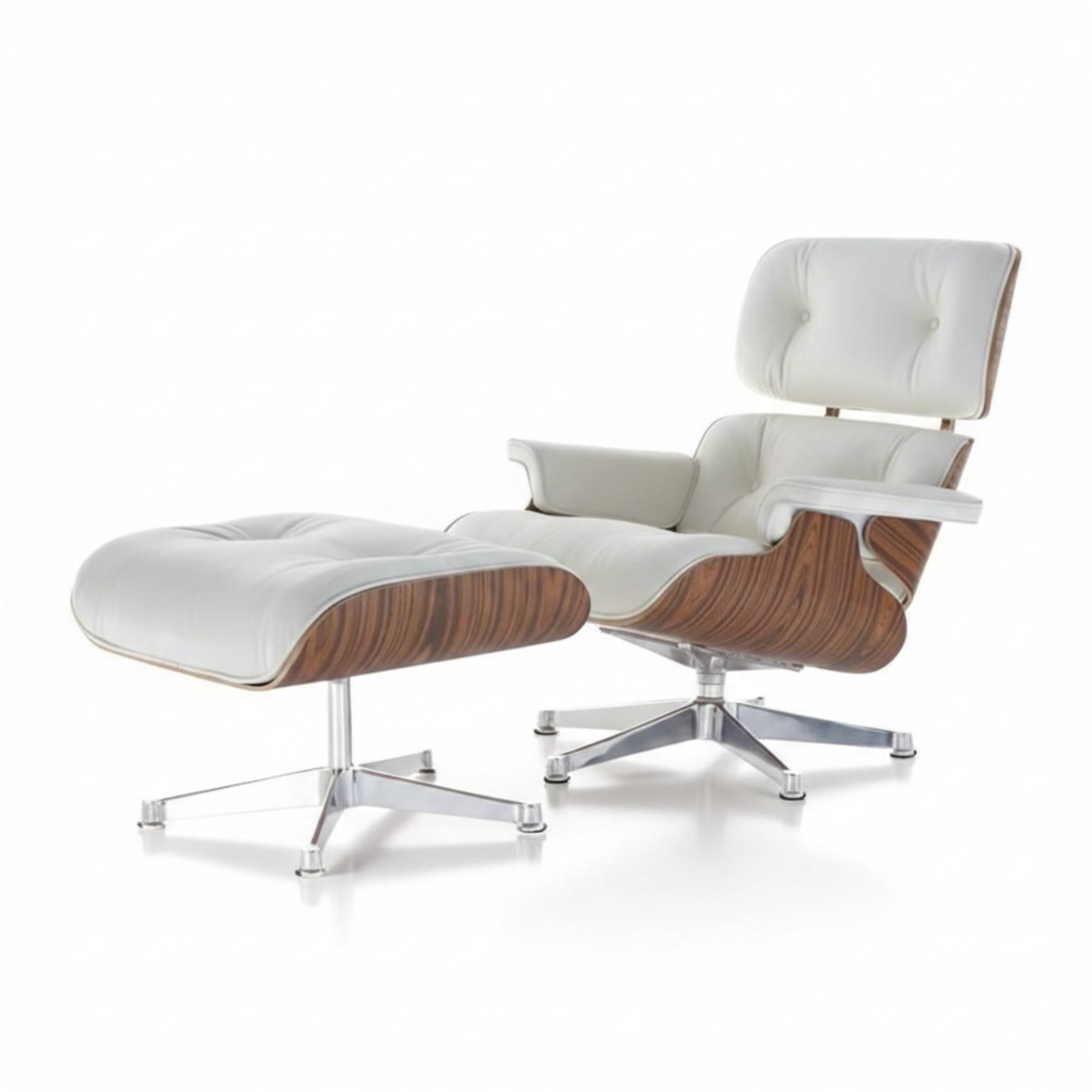 A modern lounge chair with matching ottoman on a white background. The chair features white leather upholstery