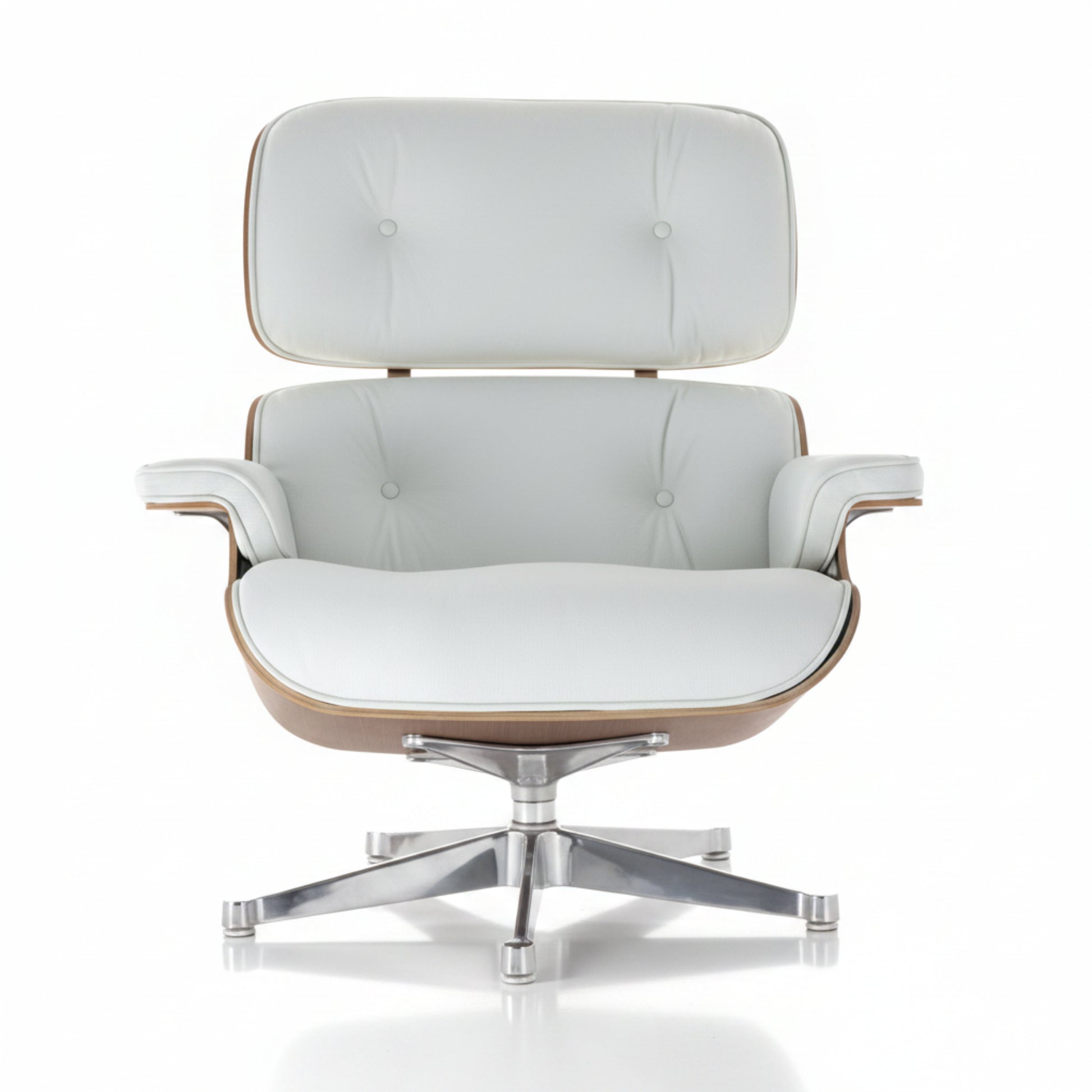 A mid-century modern lounge chair with a white tufted leather seat and backrest