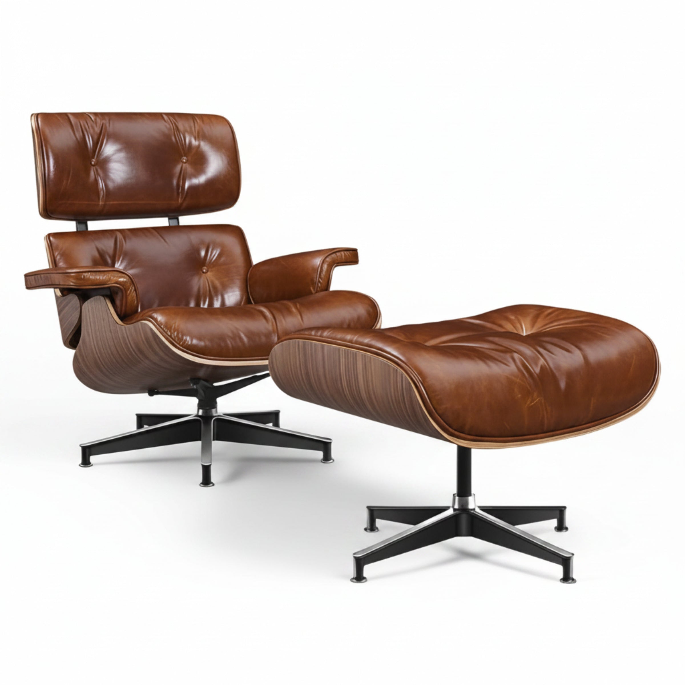 Brown leather lounge chair and ottoman on a white background