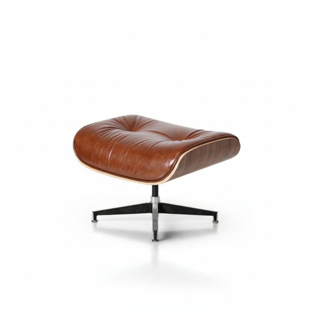 Brown leather ottoman with a white background
