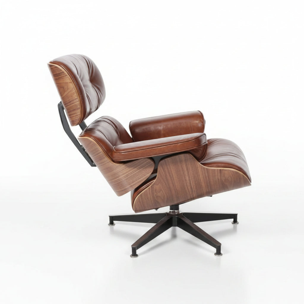 Brown and wood-patterned lounge chair on a white background