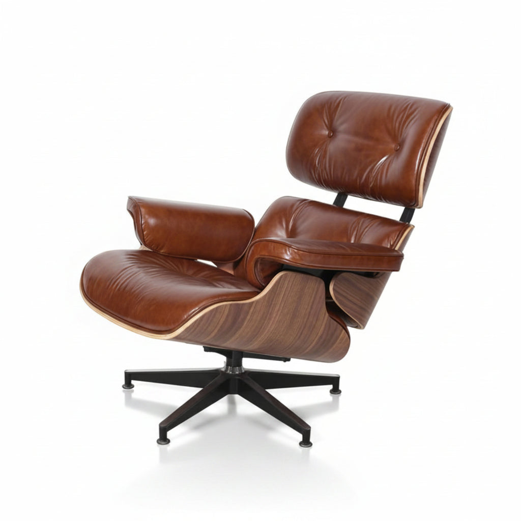 Brown leather lounge chair with wooden armrests on a white background