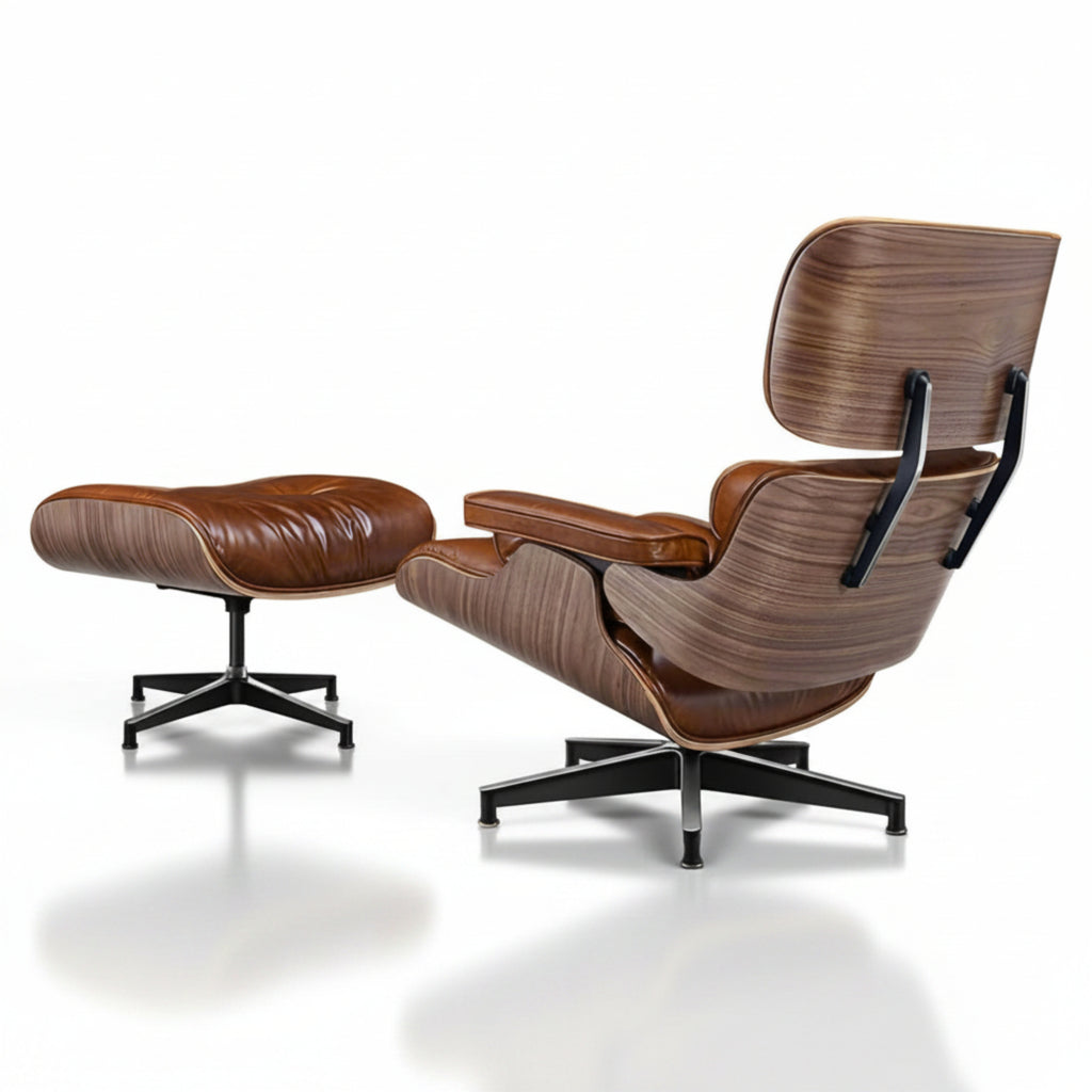 Wooden lounge chair and ottoman on a white background