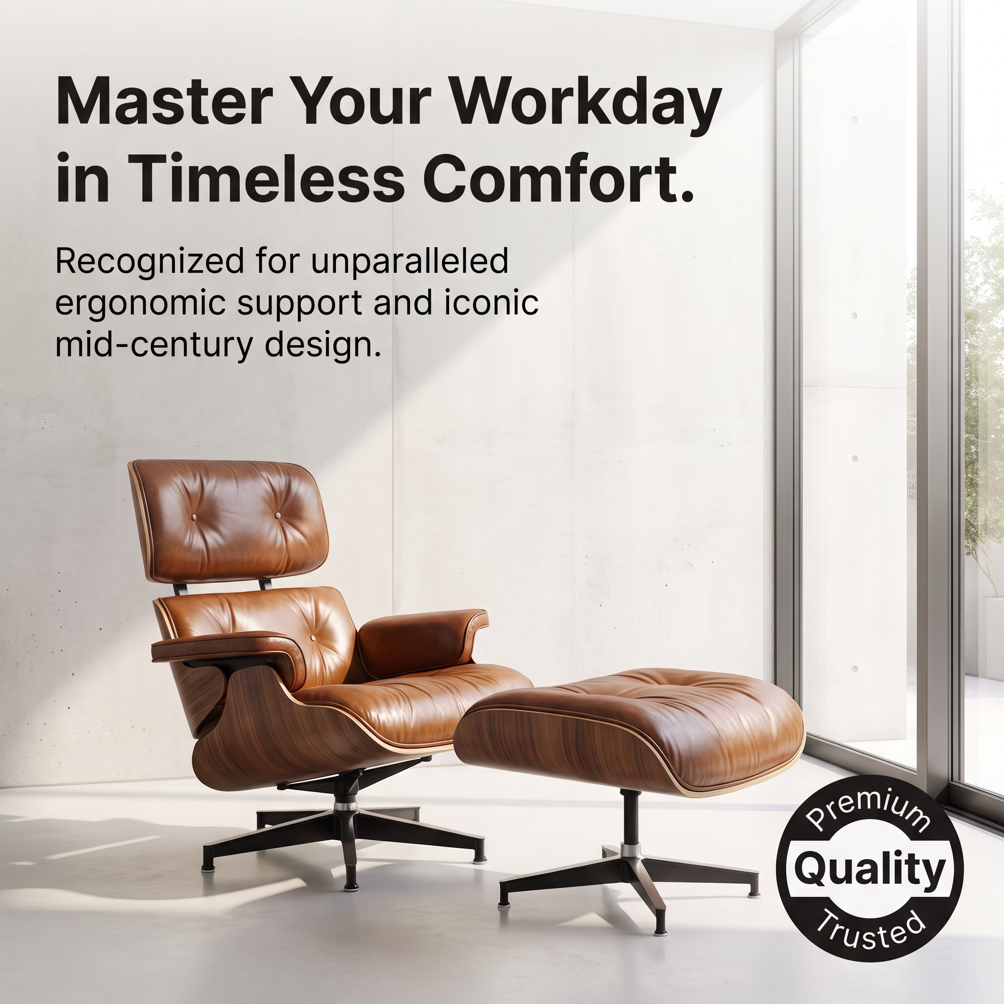 A brown leather mid-century lounge chair with matching ottoman in a bright modern room. Large text at top reads 'Master Your Workday in Timeless Comfort.