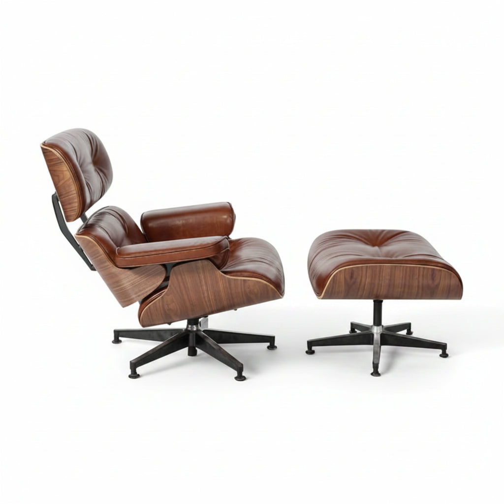 Brown leather lounge chair and ottoman on a white background