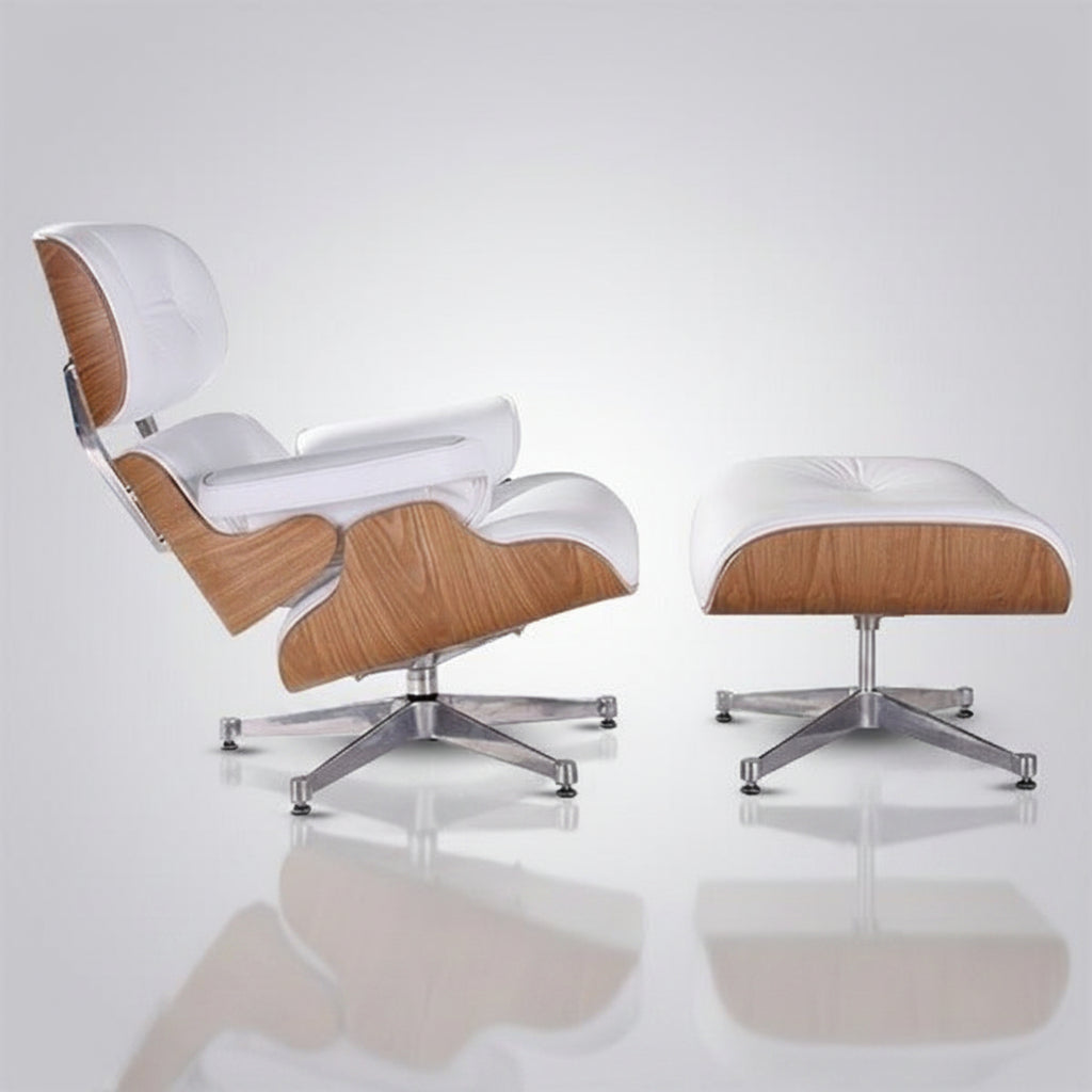 A modern lounge chair with an ottoman, featuring white leather upholstery, light wood grain side panels, and chrome metal swivel bases